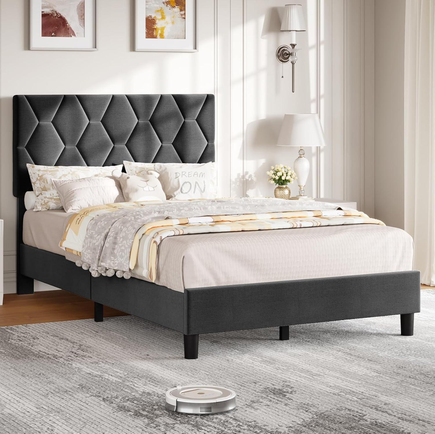 Acekid Full Size Platform Bed Frame, Upholstered Headboard, Wood Slat Support, No Box Spring Needed, Easy Assembly, Light Grey