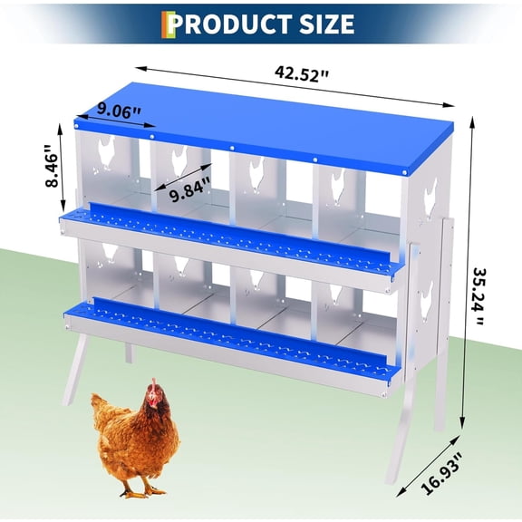 Acekid Galvanized Steel Nesting Box for Chicken Coop, Removable Drop Tray & Ventilation, 8 Compartments with Bracket, Blue