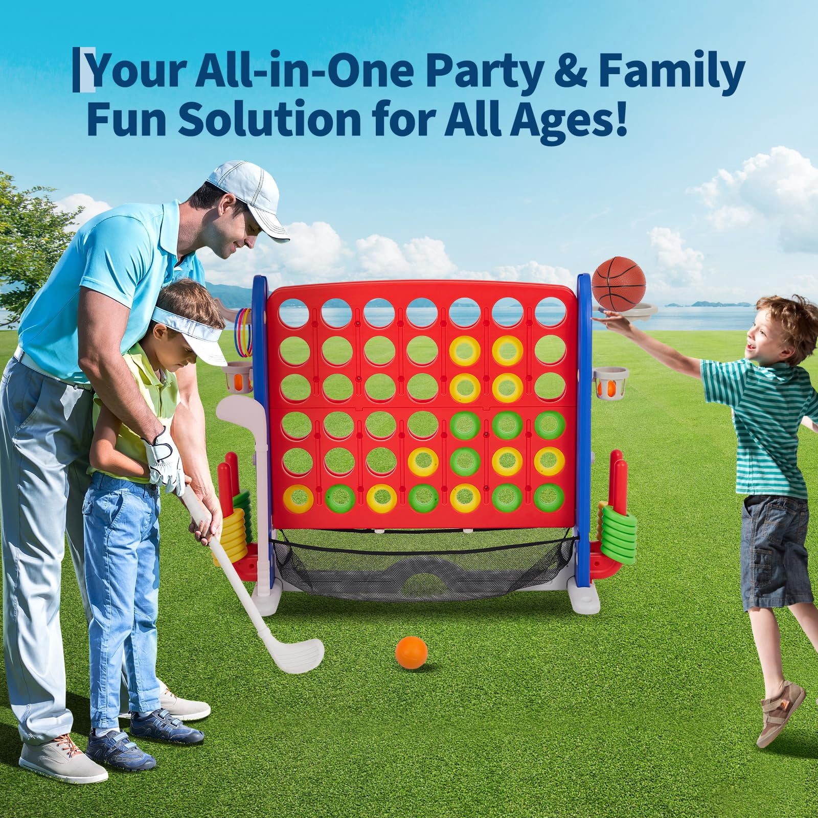 Acekid Giant 4 in a Row Connect Game, Adjustable Height with Golf & Basketball, Family Games, Red