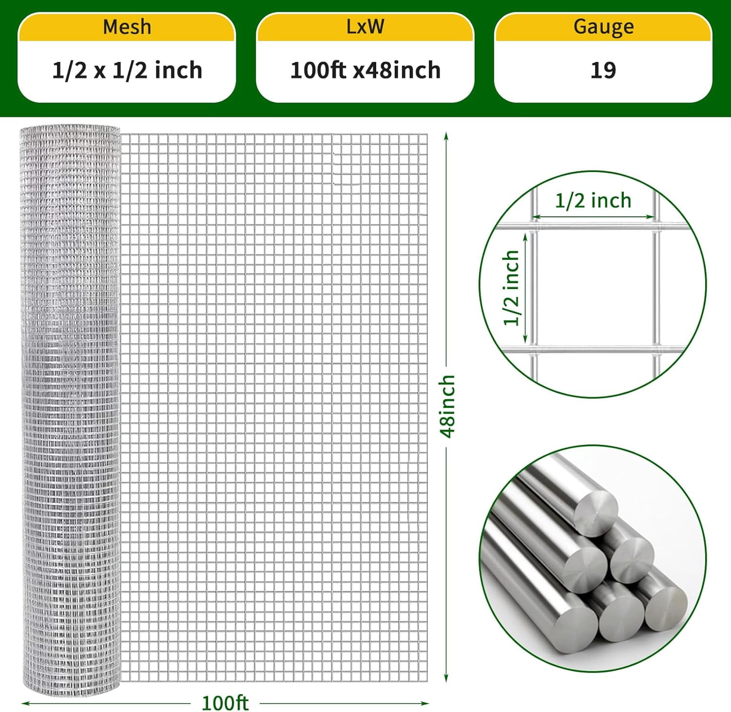 Acekid Hardware Cloth Chicken Wire Fence - Galvanized Steel Mesh Rolled Fencing for Garden & Poultry, Silver