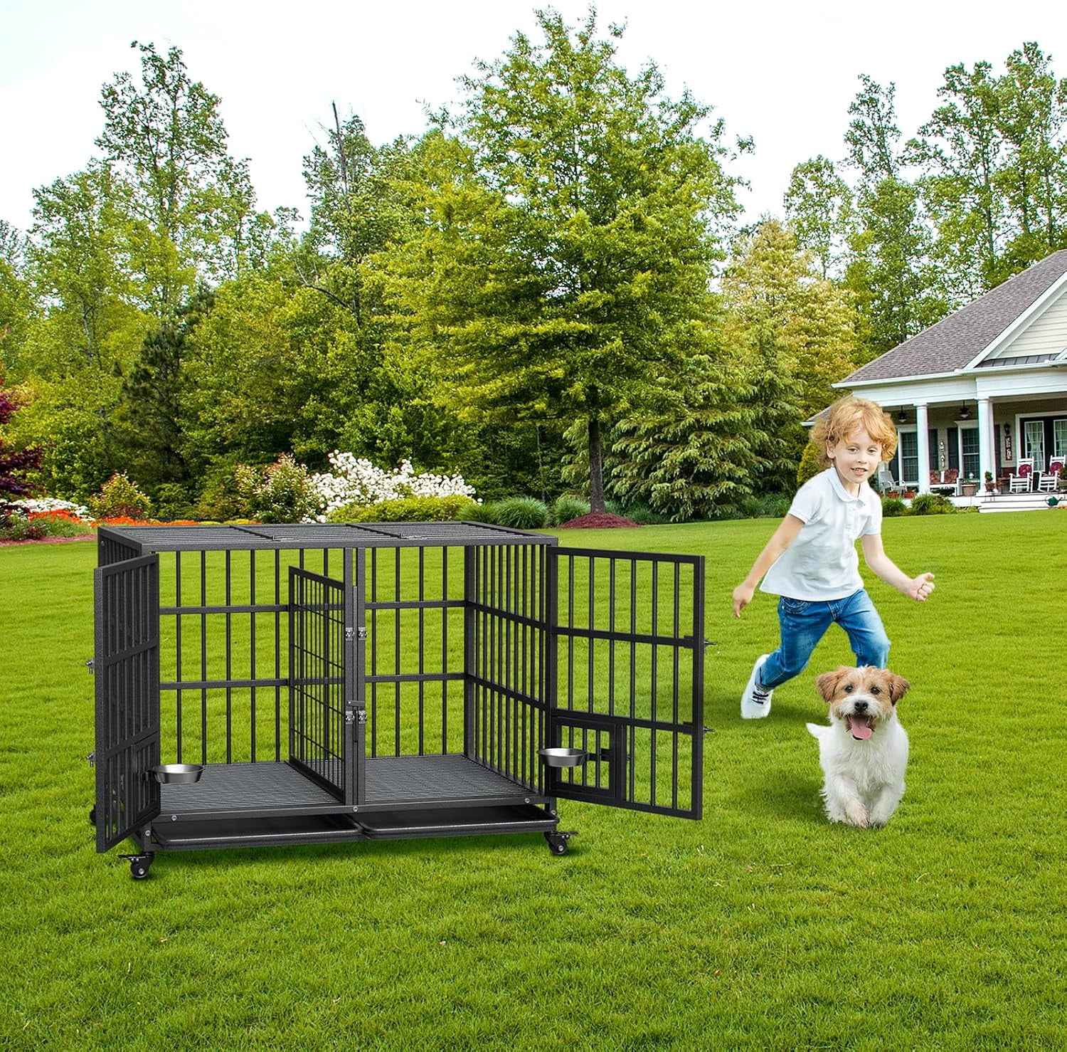 Acekid Heavy Duty Dog Crate 42 Inch&nbsp;- Indestructible Escape-Proof Metal Dog Kennel, Furniture Style Pet Cage for Large/Medium/Small Dogs, Sliding Rail Design, Indoor & Outdoor Use