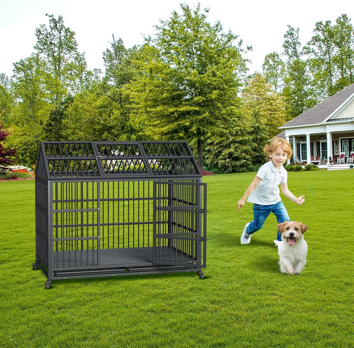 Acekid Heavy Duty Dog Crate - 52-Inch Escape-Proof Metal Kennel, Indoor/Outdoor Furniture Style Pointed Top Sliding Rail Cage for Large/Medium Dogs