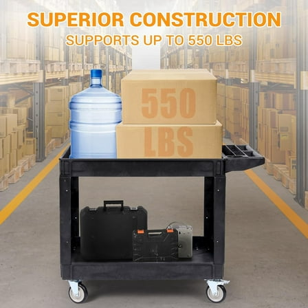 Acekid Heavy Duty PP Service Cart, 2-Shelf Medium Rolling Utility Cart with 360° Swivel Wheels, 550LBS Capacity, 45.7x25.6 Inch, Black