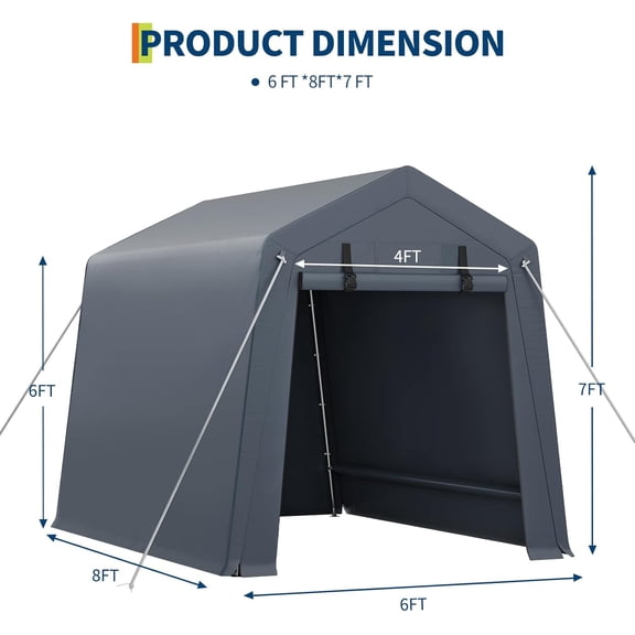 Acekid Heavy-Duty Portable Storage Shed 6X8 FT, Waterproof PE Tarp with Roll-Up Door, Gray