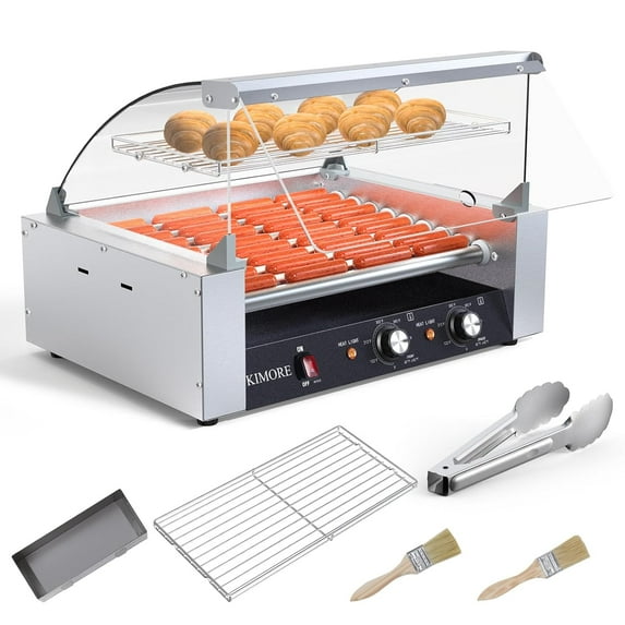 Acekid Hot Dog Machine 1350W - 9 Rollers, 24 Hot Dogs, Warming Cover, LED Lighting, Removable Drip Tray, Commercial Stainless Steel Hot Dog Grill for Concession, Buffet