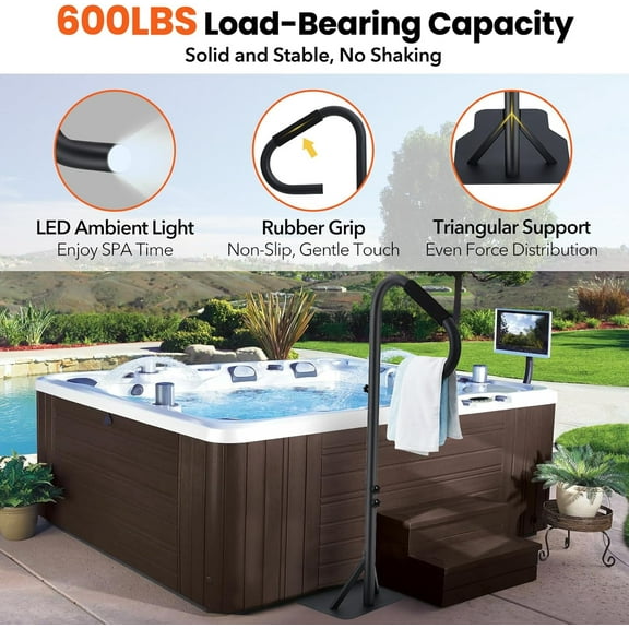 Acekid Hot Tub Handrail with LED Light,360°Rotatable Spa Side Handrail with 35"～57"Adjustable Height, Hot Tub Hand Rail with Slide-Under Base and Non-Slip Grip for Indoor & Outdoor
