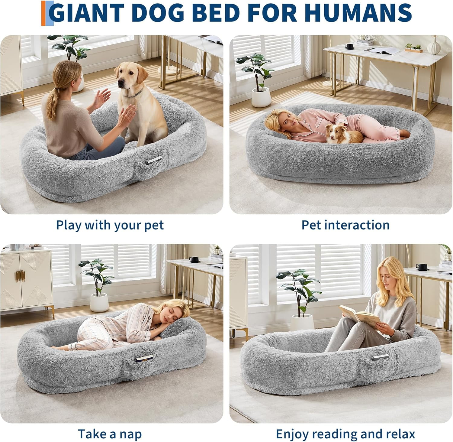 Acekid Human Dog Bed 67 Inch Adult Pets No Assembly Required Washable Fluffy Faux Fur Orthopedic Dog Bed Plump Pi