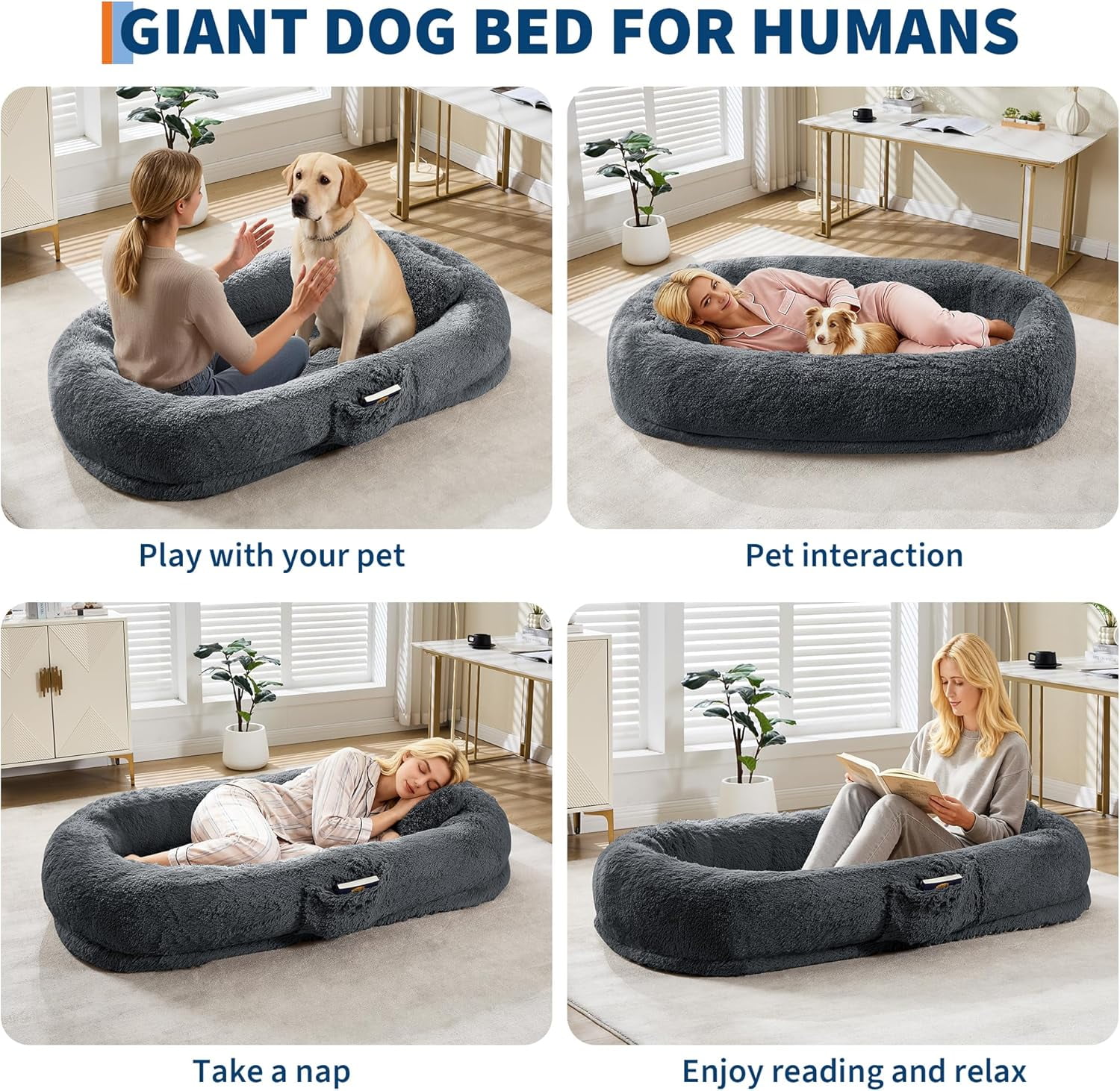Acekid Human Dog Bed 67 Inch Adult Pets No Assembly Required Washable Fluffy Faux Fur Orthopedic Dog Bed Plump Pi
