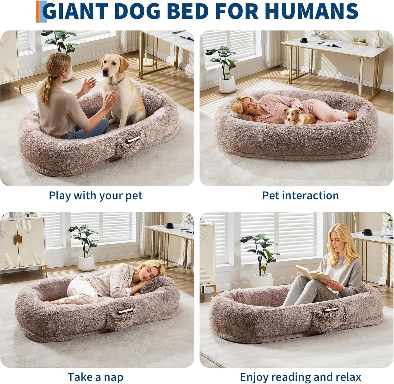 Acekid Human Dog Bed 67 Inch Adult Pets No Assembly Required Washable Fluffy Faux Fur Orthopedic Dog Bed Plump Pi
