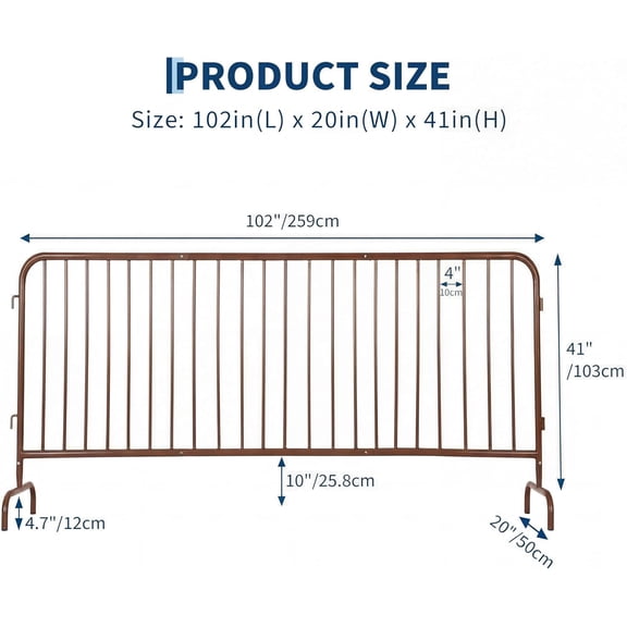 Acekid Interlocking Steel Barricade 8.5 Ft Heavy Duty, with Bridge Feet Base for Crowd Control, Brown