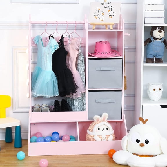 Acekid Kids Costume Wardrobe - Girls' Dress-Up Storage with Lighted Mirror, Shelves & Storage Bin - Toy Organizer (Pink)