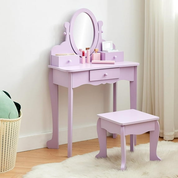 Acekid Kids' Vanity Set with Mirror, Makeup Table and Stool for Girls, Vanity Desk and Chair with Wood Makeup Playset for 4-9 Girls