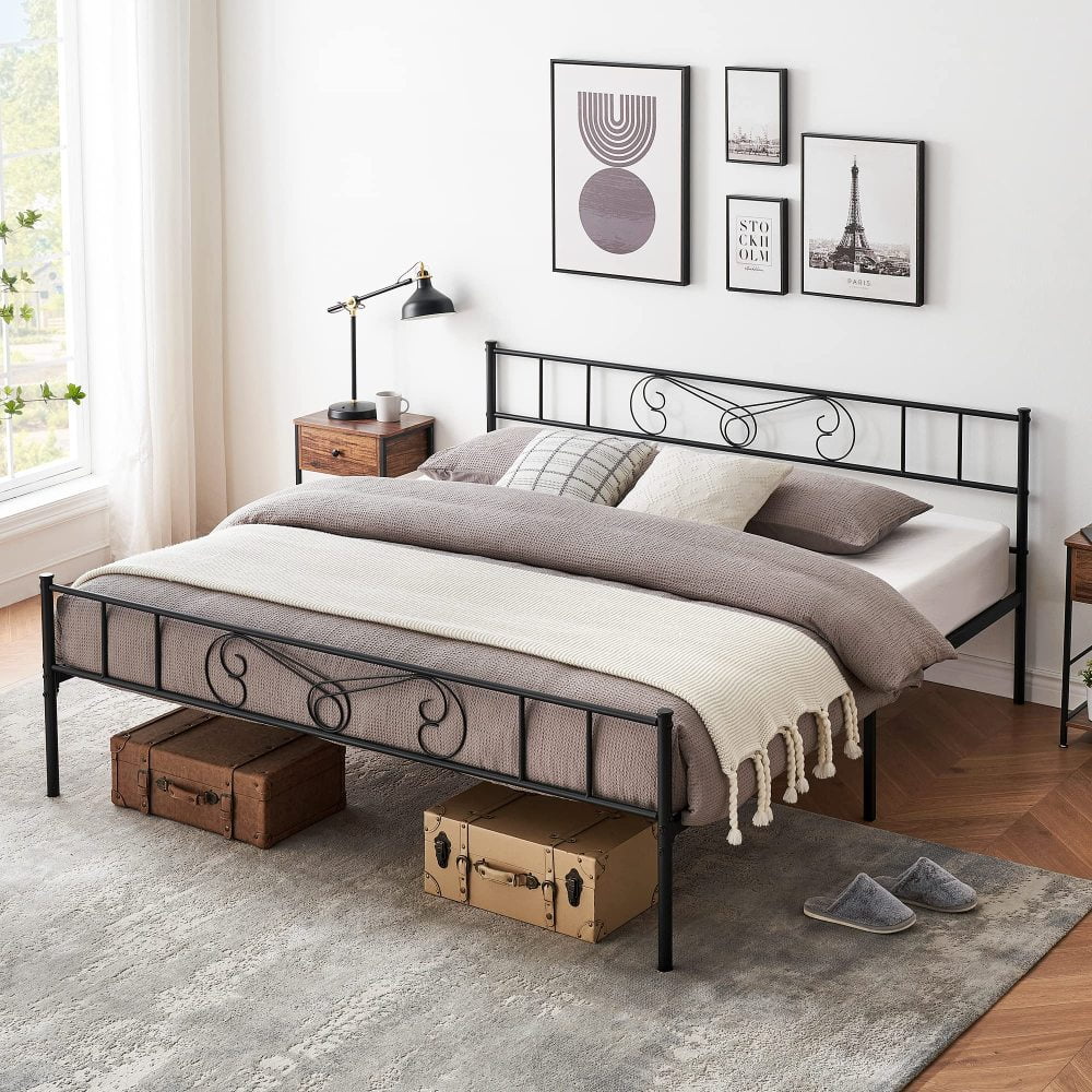 Acekid King Size Metal Platform Bed Frame, Vintage Victorian Style, Bed Mattress Foundation with Storage, No Box Spring Needed, Noise Free, Easy Assembly