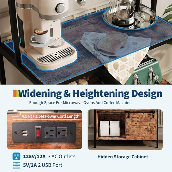 Acekid Kitchen Bakers Rack - 5-Tier Industrial Microwave Stand with Power Outlet & Cabinet, 63" Freestanding Storage Shelf for Pots Pans Spices, Farmhouse Coffee Bar Station, Brown