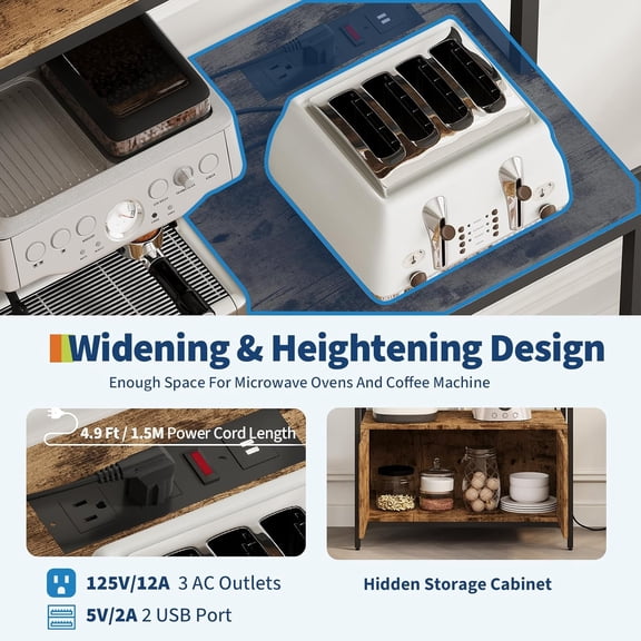 Acekid Kitchen Bakers Rack - 5-Tier Industrial Microwave Stand with Power Outlet & Cabinet, 63" Freestanding Storage Shelf for Pots Pans Spices, Farmhouse Coffee Bar Station, Brown