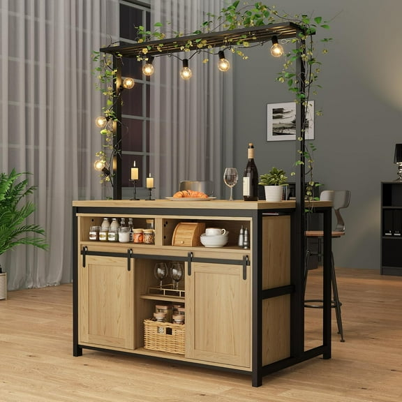 Acekid Kitchen Island with Power Outlet - Rustic Wood Coffee Bar Station with Sliding Barn Door, 9 Hooks & Open Storage Shelf, Mobile Cabinet for Dining Room