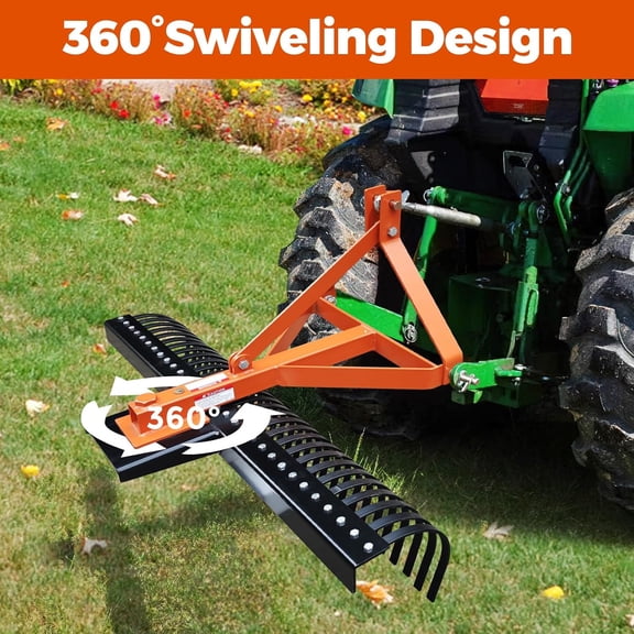 Acekid Landscape Rake 5FT 3-Point Tractor Lawn Dethatcher Attachments 30 Steel Tines 360 Degree Rotation Tow-Behi