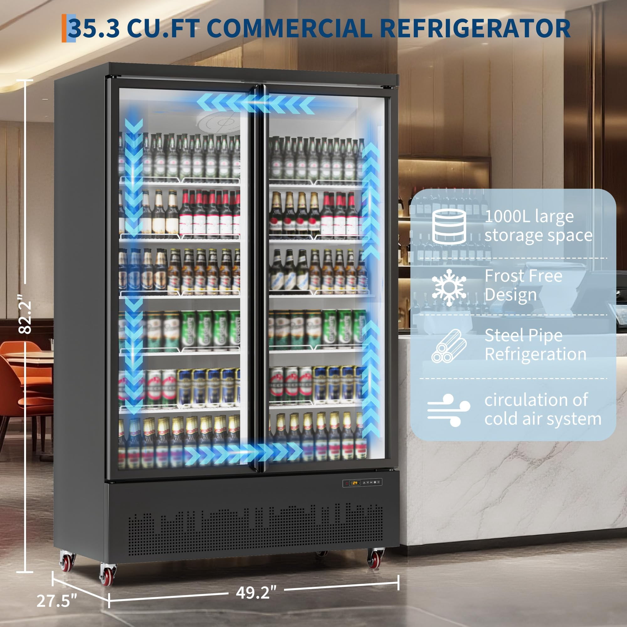 Acekid Large Glass Door Display Refrigerator, Commercial Merchandiser Cooler for Beverages, Black