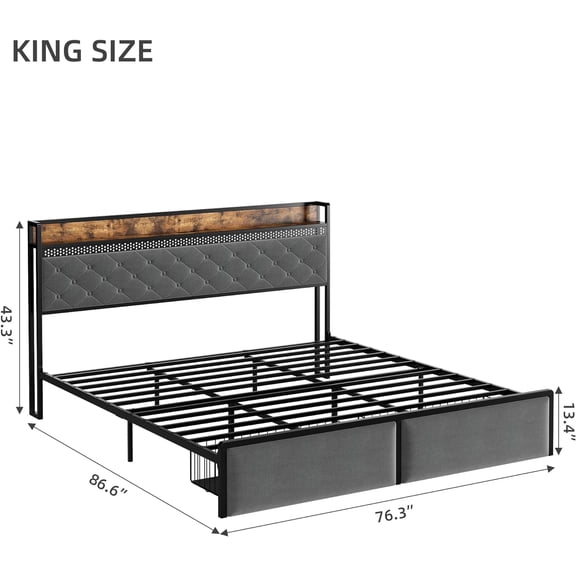 Acekid Led Bed Frame With Headboard And 2 Storage Drawers UpholsteRed Platform Bed With Charging Station Heavy Duty No Box Spring Needed Easy Assembly Linen Grey King Size