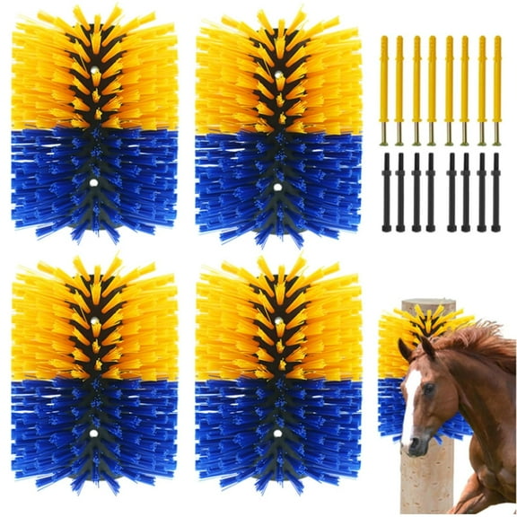 Acekid Livestock Scratch Brush - 4PC Horse & Cow Grooming Kit, Blue & Yellow, Full Body Massage Brush for Itch Relief
