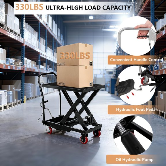 Acekid Manual Hydraulic Scissor Lift Table 330 LBS, with 4 Wheels & Non-Slip Pad, Black