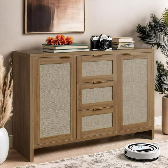 Acekid Modern Rattan Buffet Cabinet Sideboard with Storage,47" Boho Credenza Buffet Console Table with Drawers&Doors,Wooden Coffee Bar Cabinet for Entryway/Living