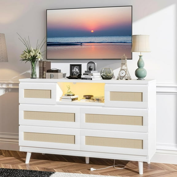 Acekid Modern Rattan Dresser for Bedroom, LED Dresser with Charging Station, Wooden Dressers & Chest of Drawers with 6 Drawers, TV Stand for Closet, Living Room