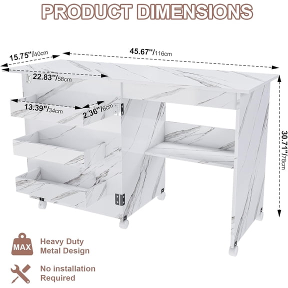 Acekid Multipurpose Sewing Table with Storage Folding Sewing Machine Table with Lockable Wheels Shelves Storage Trays Pegs White