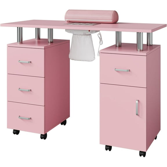 Acekid Nail Desk Station for Nail Tech, Electric Downdraft Vent, Locking Castors, Wrist Cushion, Drawers, Salon Beauty Table for Spa