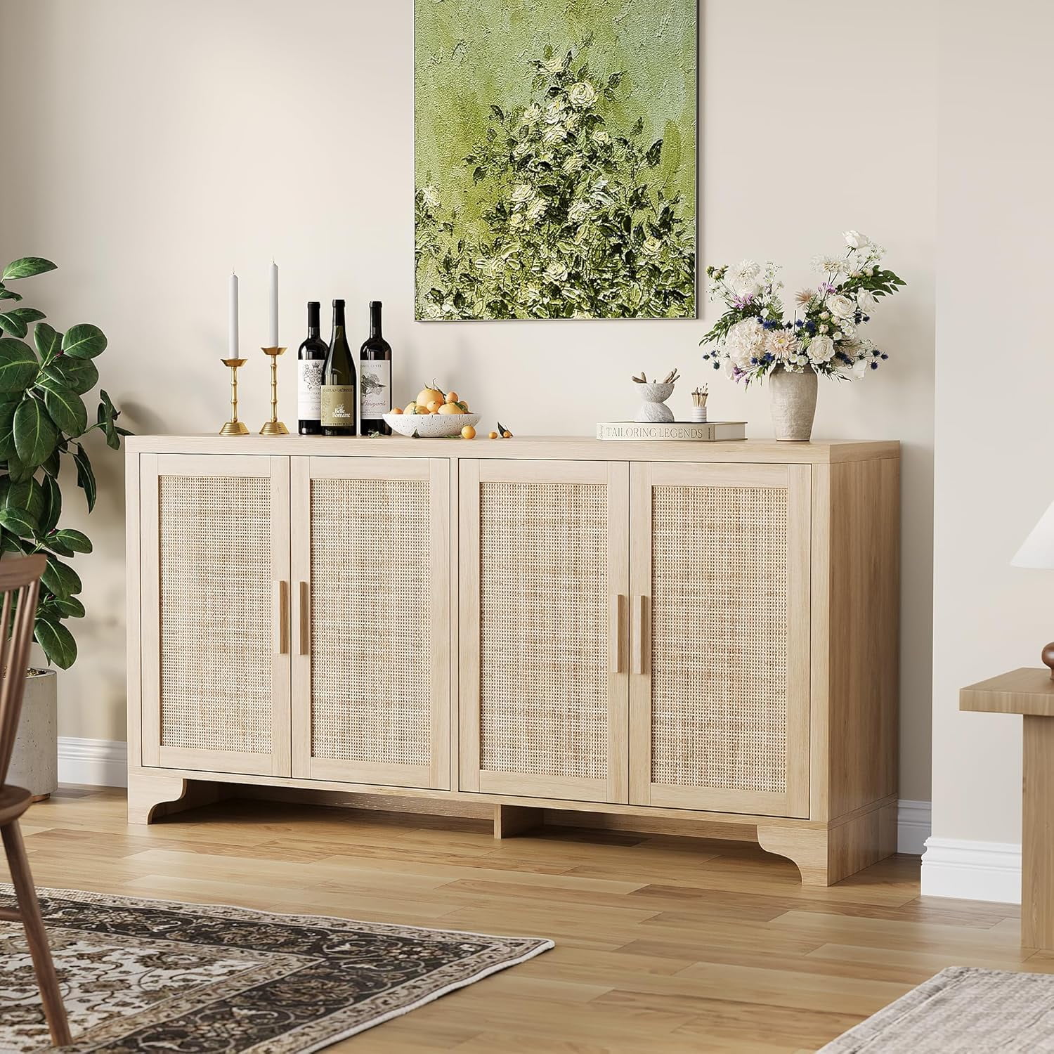 Acekid Natural Rattan Sideboard Buffet Cabinet with Storage, Farmhouse ...