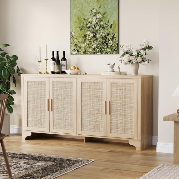 Acekid Natural Rattan Sideboard Buffet Cabinet with Storage, Farmhouse Large Rattan Cabinet with 4 Doors, Wood Accent Coffee Bar Buffet Console Tables