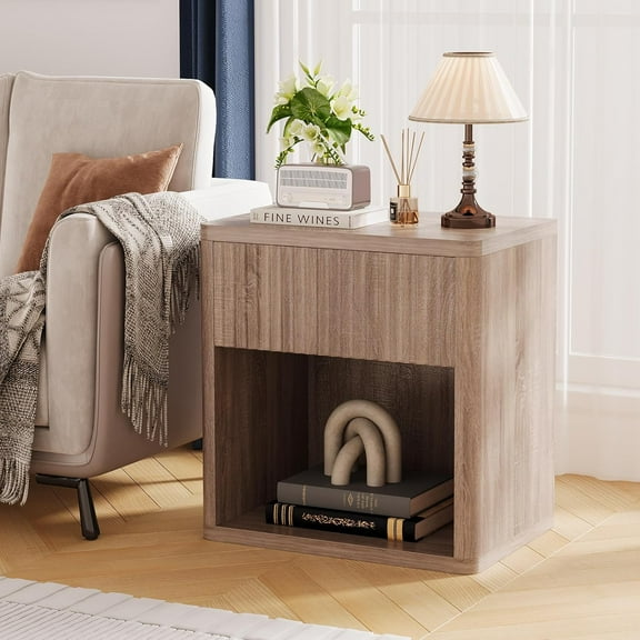 Acekid Night Stand Set of 2, Modern Farmhouse Fluted Nightstand with Drawer Storage, Mid Century Bedside Table, Light Walnut