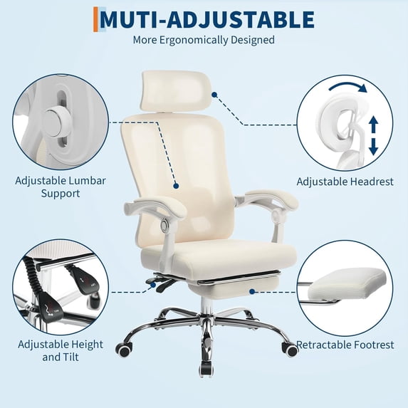 Acekid Office Chair - Ergonomic High-Back Mesh Computer Chair with Adjustable Lumbar Support, Headrest & Footrest, Swivel Rolling Task Chair for Home/Office, White