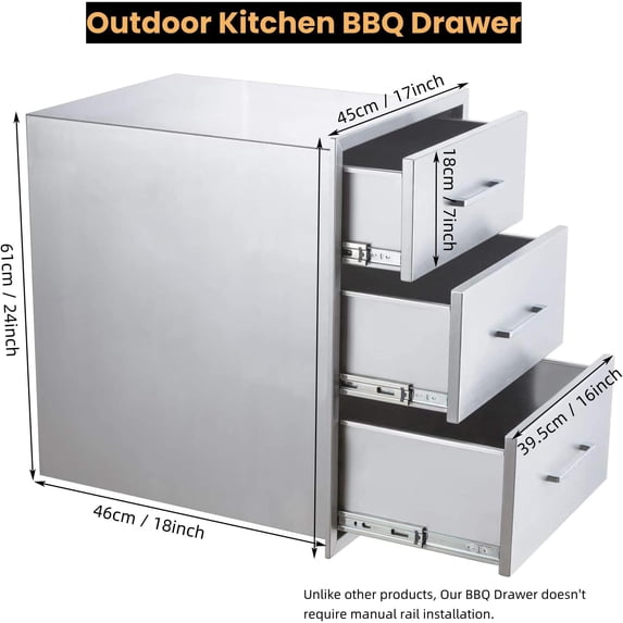 Acekid Outdoor Kitchen Drawers,Stainless Steel Outdoor Kitchen Cabinet,18x24 Inch BBQ Stainless Steel Drawer Enclosed Built-in Drawer Flush Mount