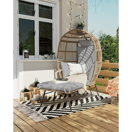 Acekid Oversize Wicker Egg Chair with Ottoman, Egg Basket Lounge Chair with Thick Cushion, Comfy Egg Rattan Seat