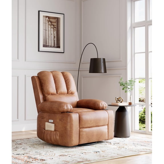 Acekid Oversized Power Recliner Chair 360°Swivel Lazy Recliner with Heat and Massage,Faux Leather Rocking Chair with 1.5X Sponge Filling & Cup Holder for Living Room,Bedroom
