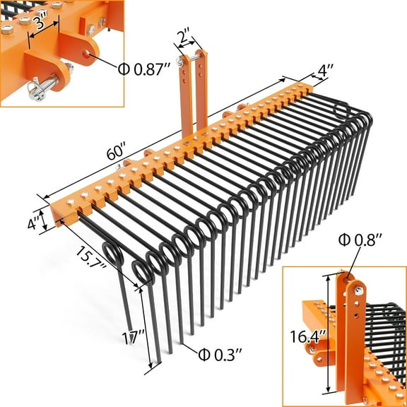 Acekid Pine Straw Needle Rake 3 Point Landscape Rake Powder Coated Steel Spring Tow Behind Rake Tractor Rake Attachments For Leaves Straw Grass Attach For C Cat 0 Cat 1 Black-Orange 72 Inch