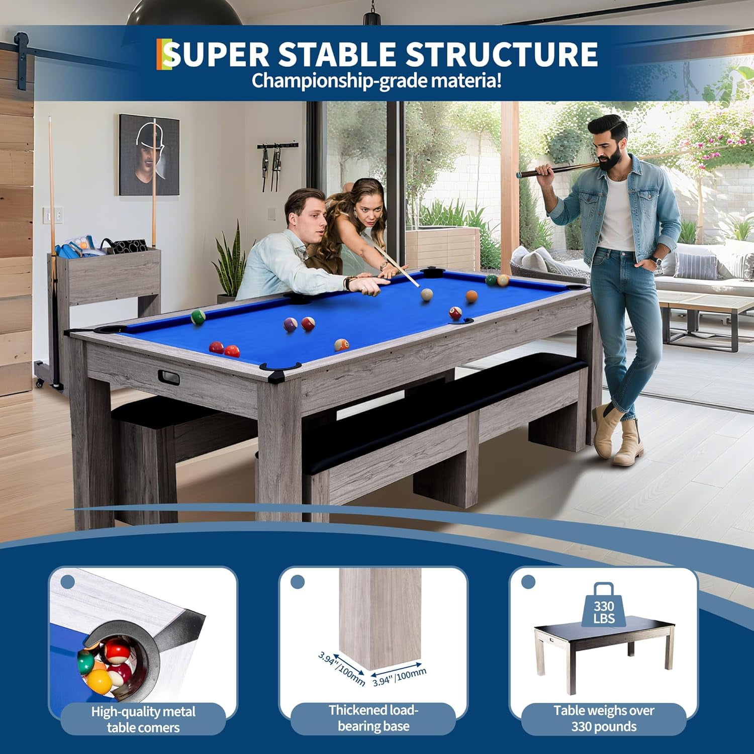 Acekid Pool Table 7FT 3-in-1 Dining Top Table Tennis Complete Set Cues Balls Ping Pong Paddles Net Rolling Storag