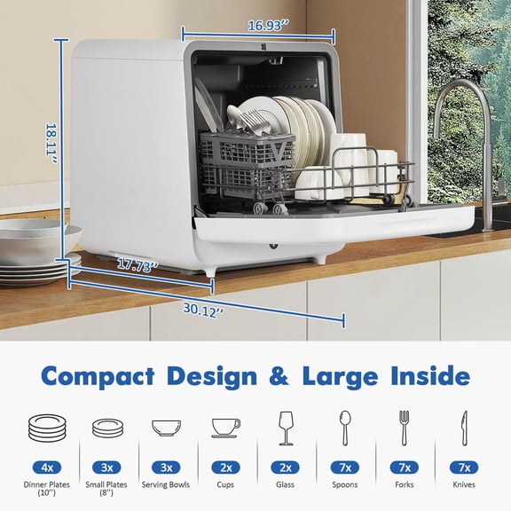 Acekid Portable Countertop Mini Dishwasher 5L, 162℉ High-Temp Wash with 6 Programs, White