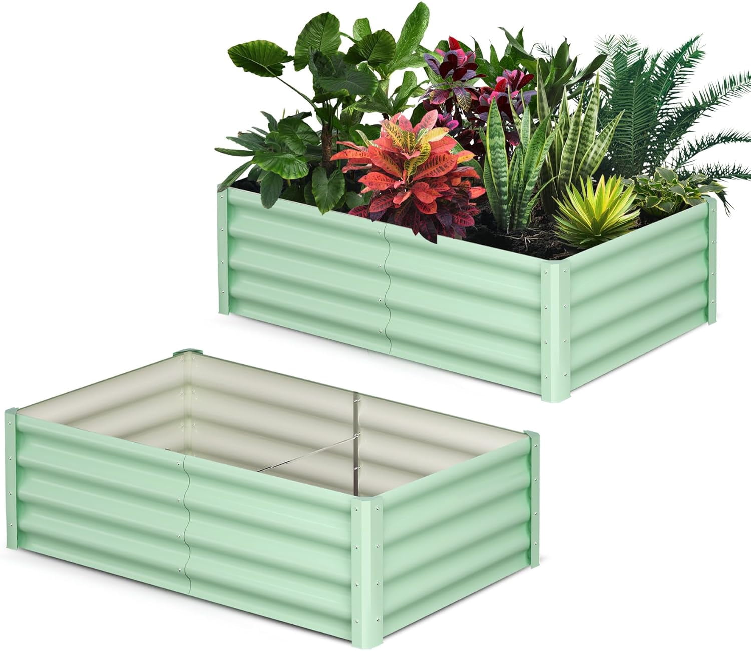 Acekid Raised Garden Bed Set of 2 - 6x3x1.5FT Galvanized Raised Garden Bed, Outdoor Large Planter, Open Base, Safety Edge, Gardening Glove