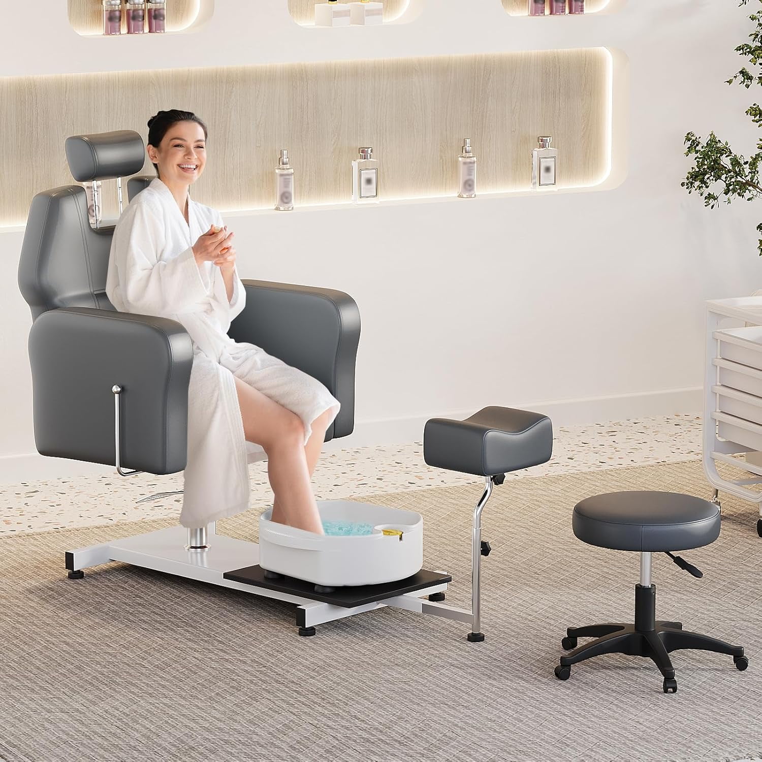 Acekid Reclining Pedicure Chair with Stool Footrest & Massage Foot Basin 360 Swivel Hydraulic Pedi Chair for Foot Bath Pedicure Chairs Beauty Spa Salon