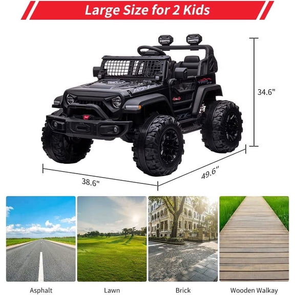 Acekid Ride on For 3+ 2 Seaters Electric Car With Remote Control 20IN Extra Large Seats 15IN XL Wheels LED Headlights Front Storage Bottle Holder FM Music Black 24V