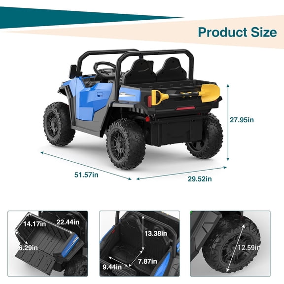 Acekid Ride On Dump Truck With Remote Control 2 Seater Electric Toy Car For Big All-Terrain Construction Vehicle With Dump Bed Shovel Bluetooth LED Lights For Ages 3+ Blue 24V 4WD