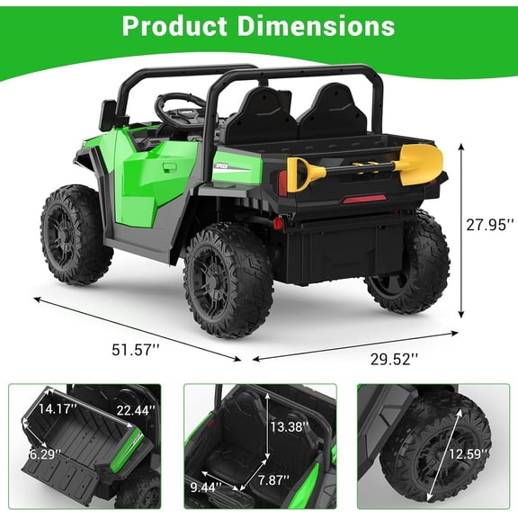 Acekid Ride On Dump Truck With Remote Control 2 Seater Electric Toy Car For Big All-Terrain Construction Vehicle With Dump Bed Shovel Bluetooth LED Lights For Ages 3+ Green 24V 4WD