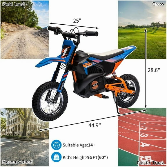 Acekid Ride on Motorcycle For 16MPH Fast Speed Electric Battery-PoweRed Off-Road Motocross With 250W Strong Motor Chain-Driven Leather Seat Disc Brake Air-Filled Tires For Teens Blue 24V