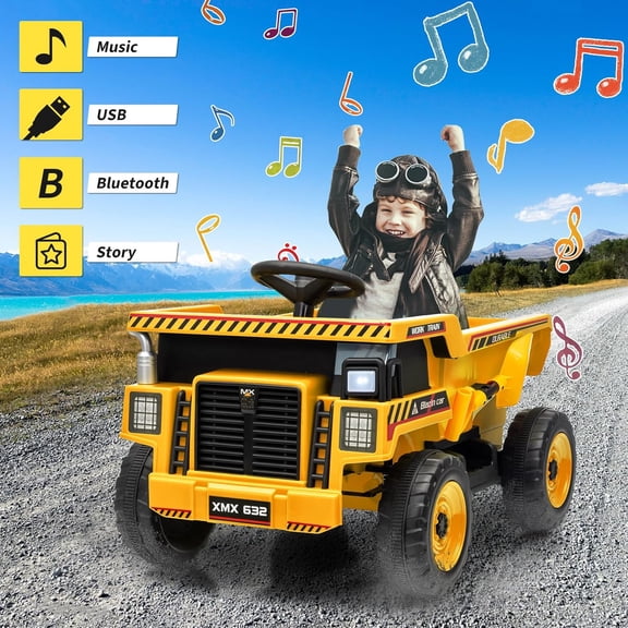 Acekid Ride Ons,12V Ride on Dump Truck with Remote Control,Electric Dump Bed & Shovel,Construction Vehicle Ride on Toy with Spring Suspension,Music,and LED Lights,Yellow