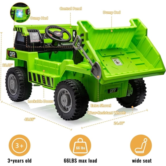 Acekid Ride Ons,12V Ride on Dump Truck,Ride on Car with Electric Dump Bed,Remote Control and Extra Shovel,Construction Vehicle with USB,MP3,Music Player,Battery Indicator,Green