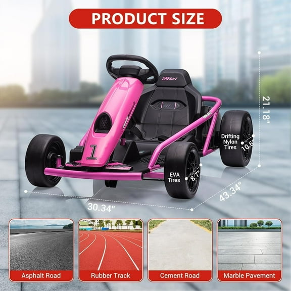 Acekid Ride on Go Kart for Teens 24v 9Ah Large Battery Dual 300w Extra Powerful Motors 8MPH Fast Drifting Fun with Music Horn Rose Red