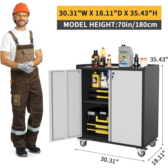 Acekid Rolling Garage Storage Cabinet With Locking Doors Heavy-Duty Metal Shelving Unit Mobile Tool Organizer For Home Office Workshop Organization Light Grey 70INCH