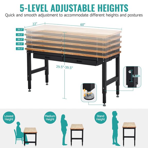 Acekid Rubber Wood Tabletop Workbench Rubber Wood Tabletop Work Table With 2 Drawers Pegboard Pad Adjustable Height Work Bench Table With Power Outlets For Workshop Office 60 Inches
